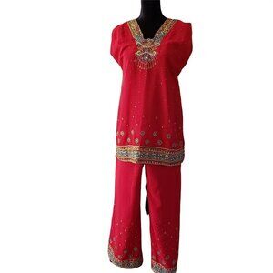 Red Ethnic Indian Tunic Top & Wide-Leg Pants Set Intricate Embroidery & Beading